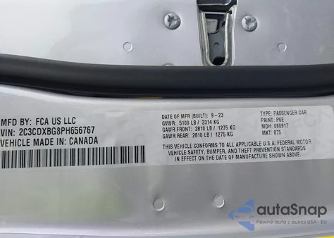 2023 Dodge Charger Sxt из США, поврежденный, VIN 2C3CDXBG8PH656767